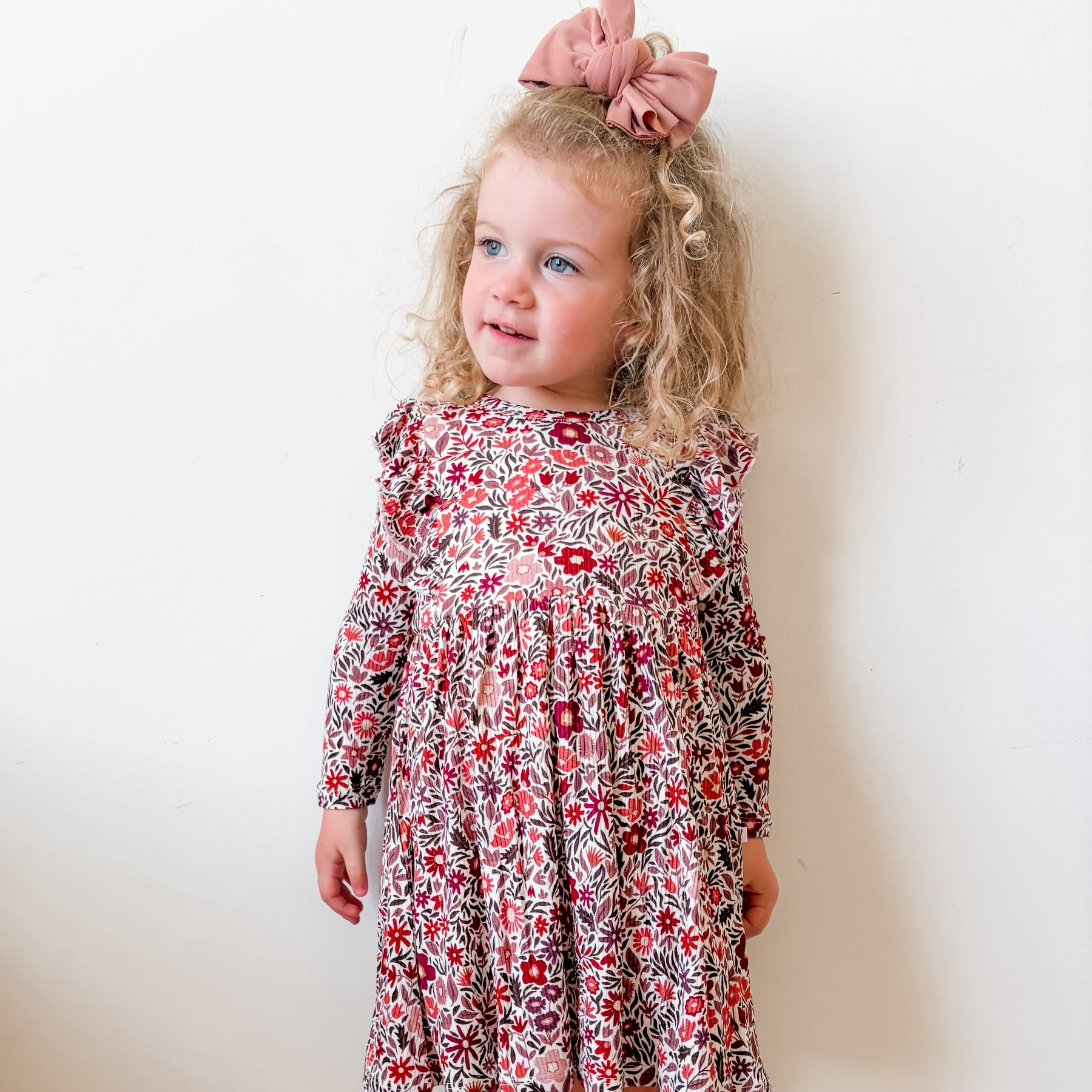 Fall Blooms Small Ribbed Ruffle Long Sleeve Dress