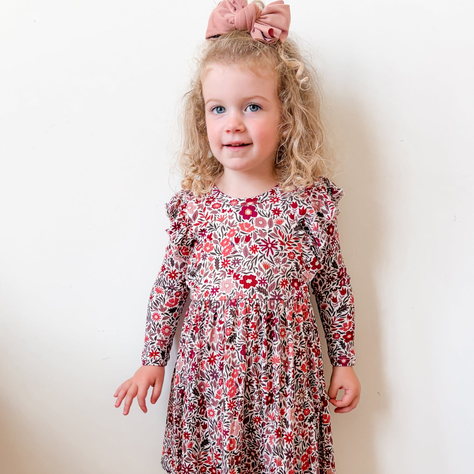 Fall Blooms Small Ribbed Ruffle Long Sleeve Dress