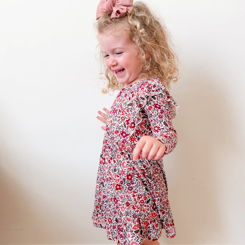 Fall Blooms Small Ribbed Ruffle Long Sleeve Dress