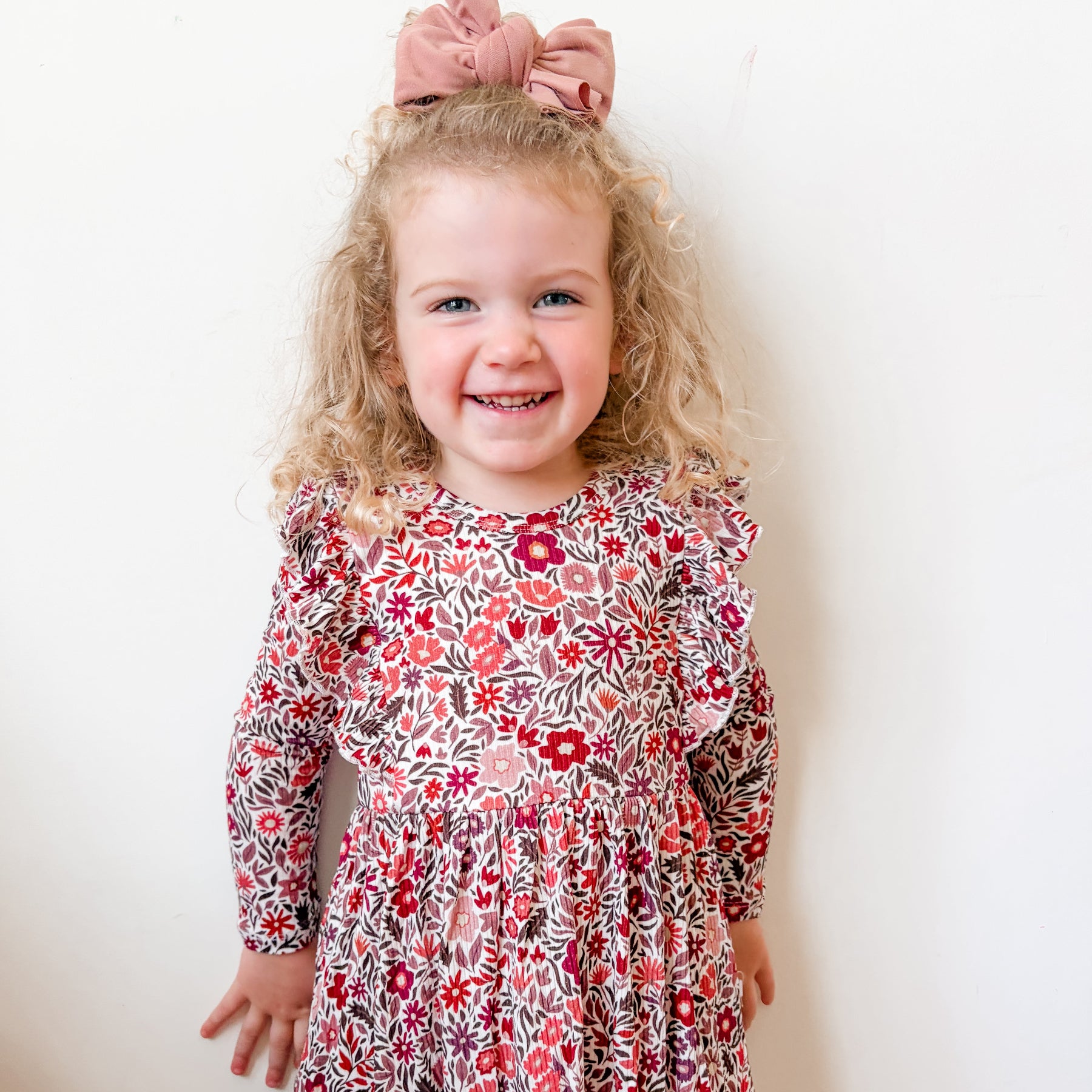 Fall Blooms Small Ribbed Ruffle Long Sleeve Dress