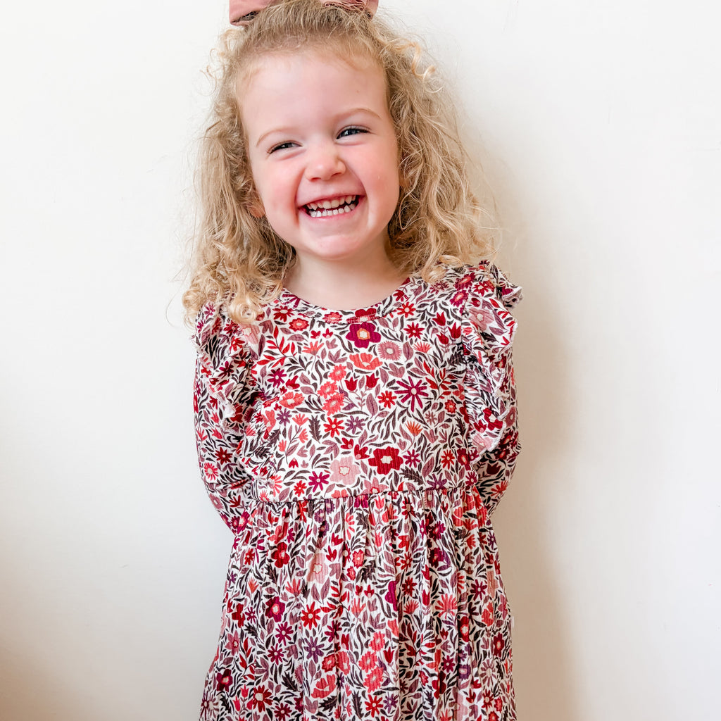 Fall Blooms Small Ribbed Ruffle Long Sleeve Dress