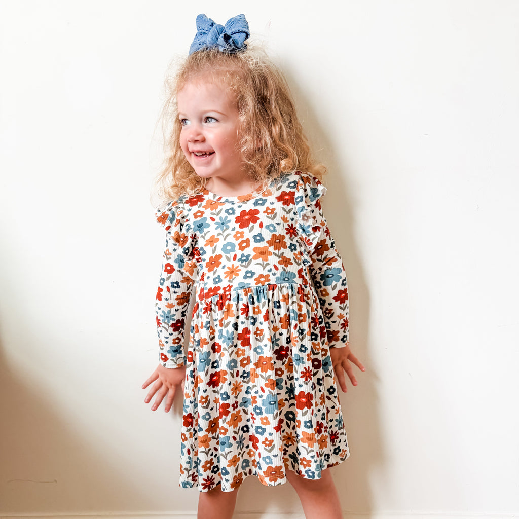 Autumn Meadow Small Ribbed Ruffle Long Sleeve Dress