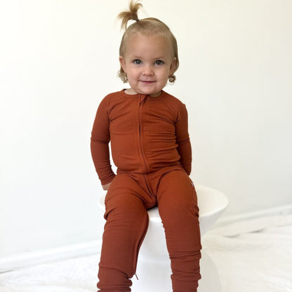 Rust Small Ribbed Zip Romper