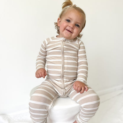 Tan Wide Stripe Small Ribbed Zip Romper