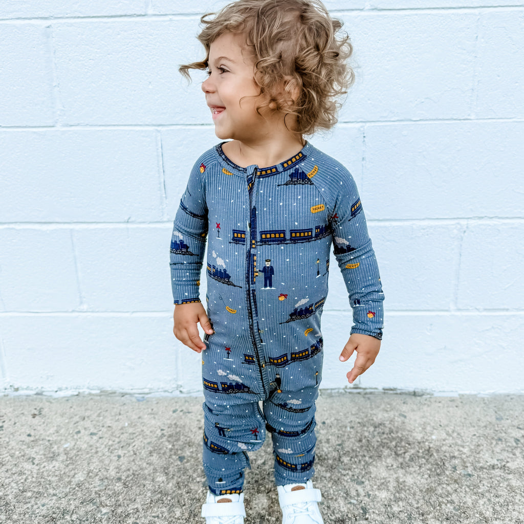 Christmas Trains Small Ribbed Zip Romper