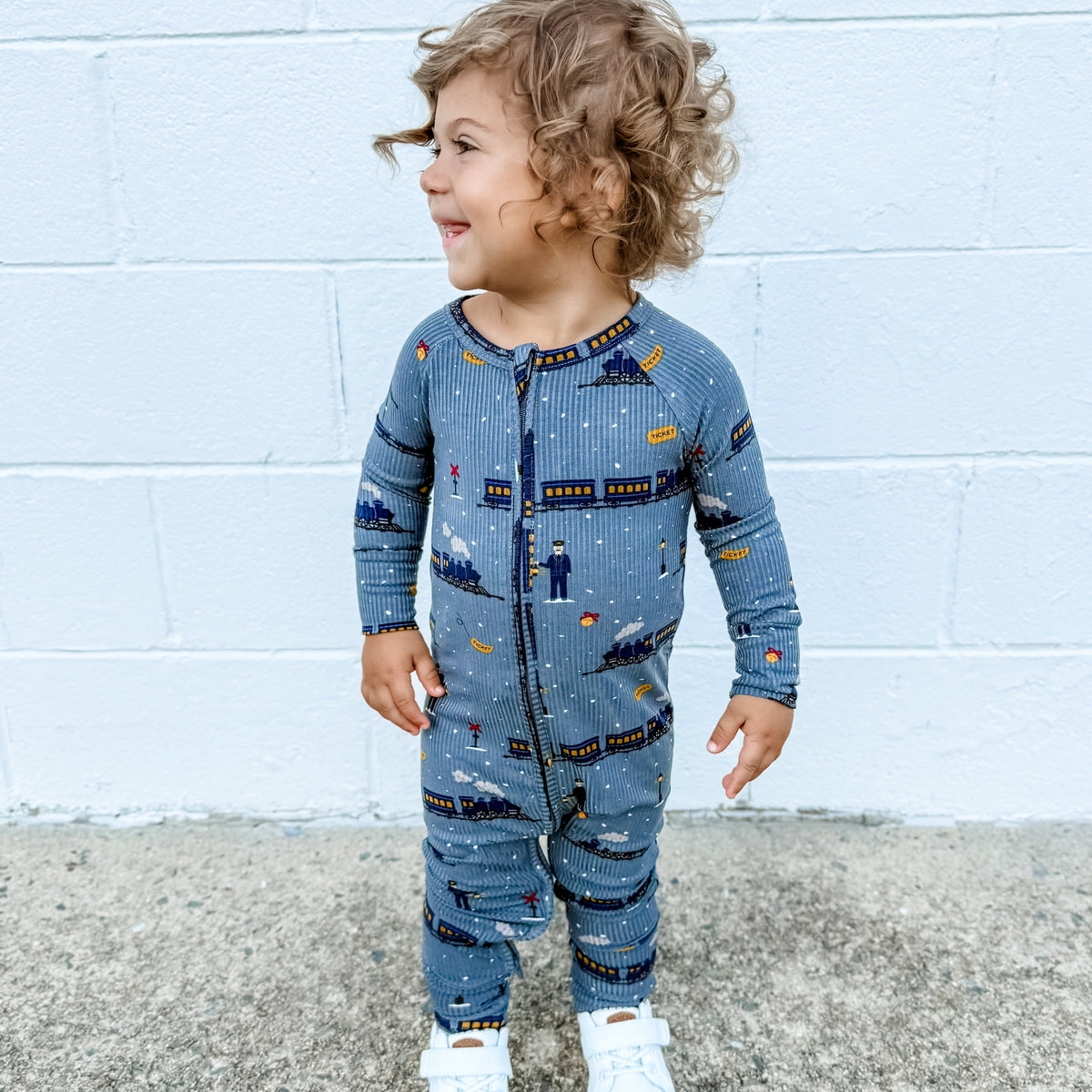 Christmas Trains Small Ribbed Zip Romper