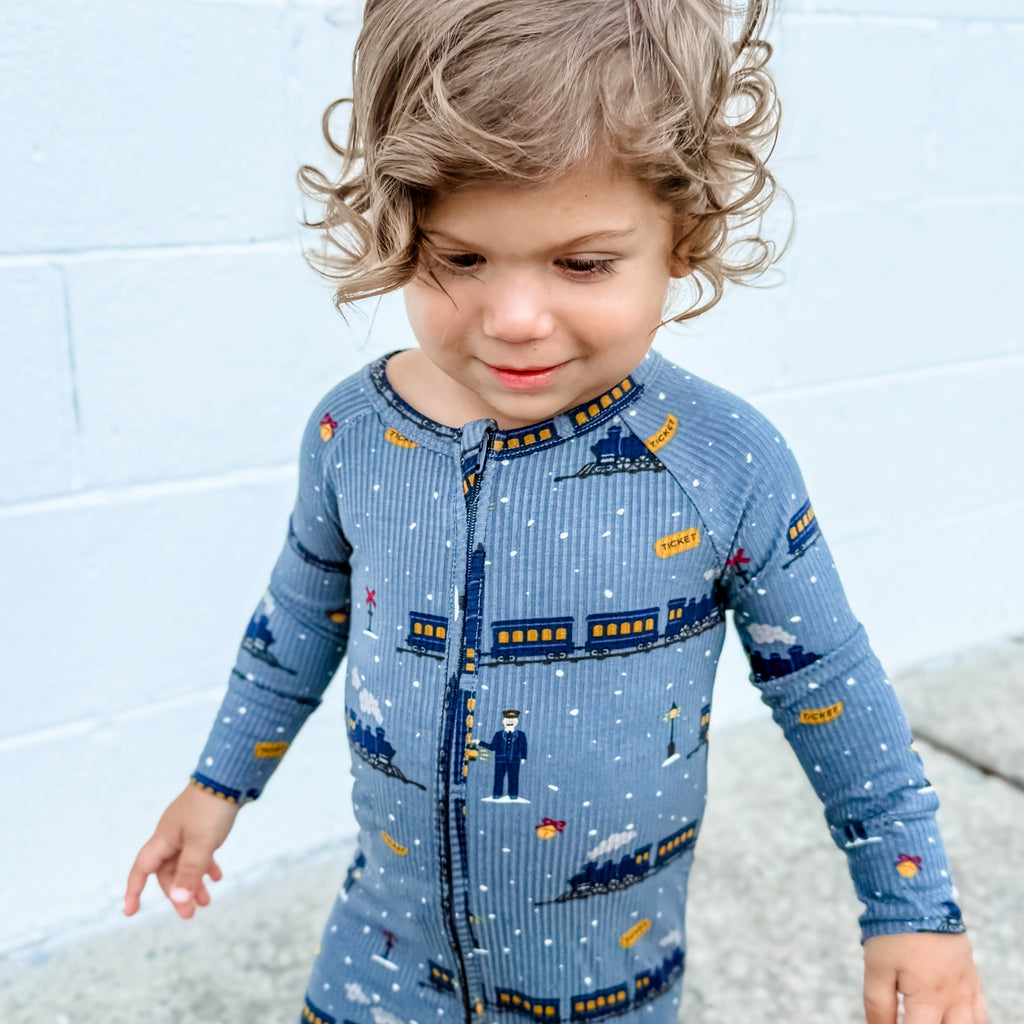 Christmas Trains Small Ribbed Zip Romper