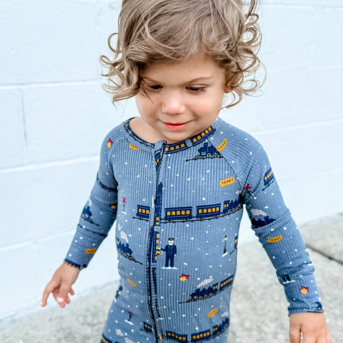 Christmas Trains Small Ribbed Zip Romper