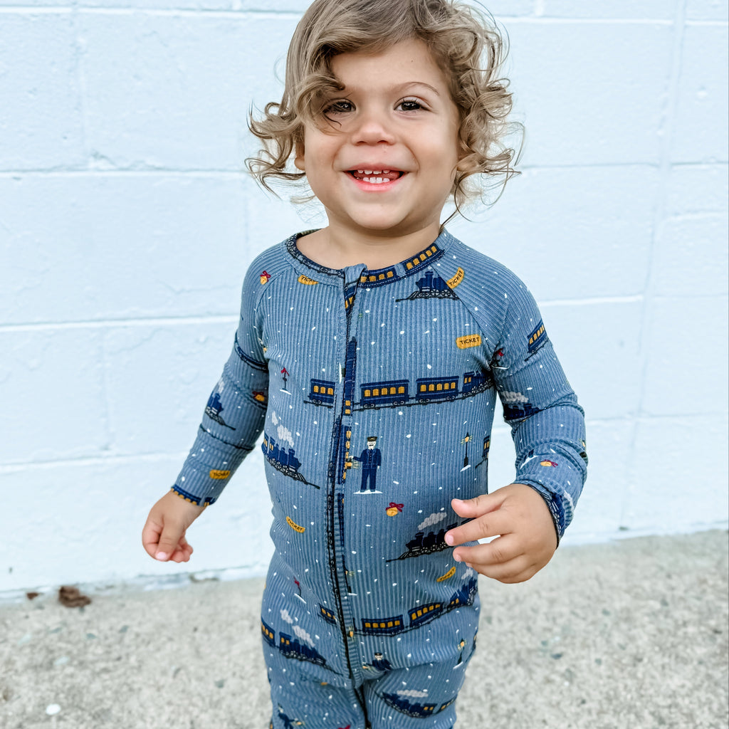 Christmas Trains Small Ribbed Zip Romper