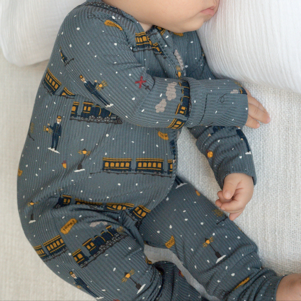 Christmas Trains Small Ribbed Zip Romper