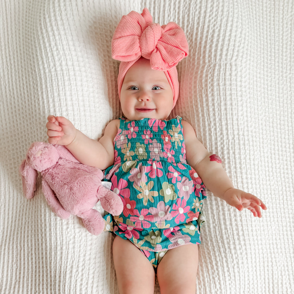 Retro Daisies Small Ribbed Ruffle Romper