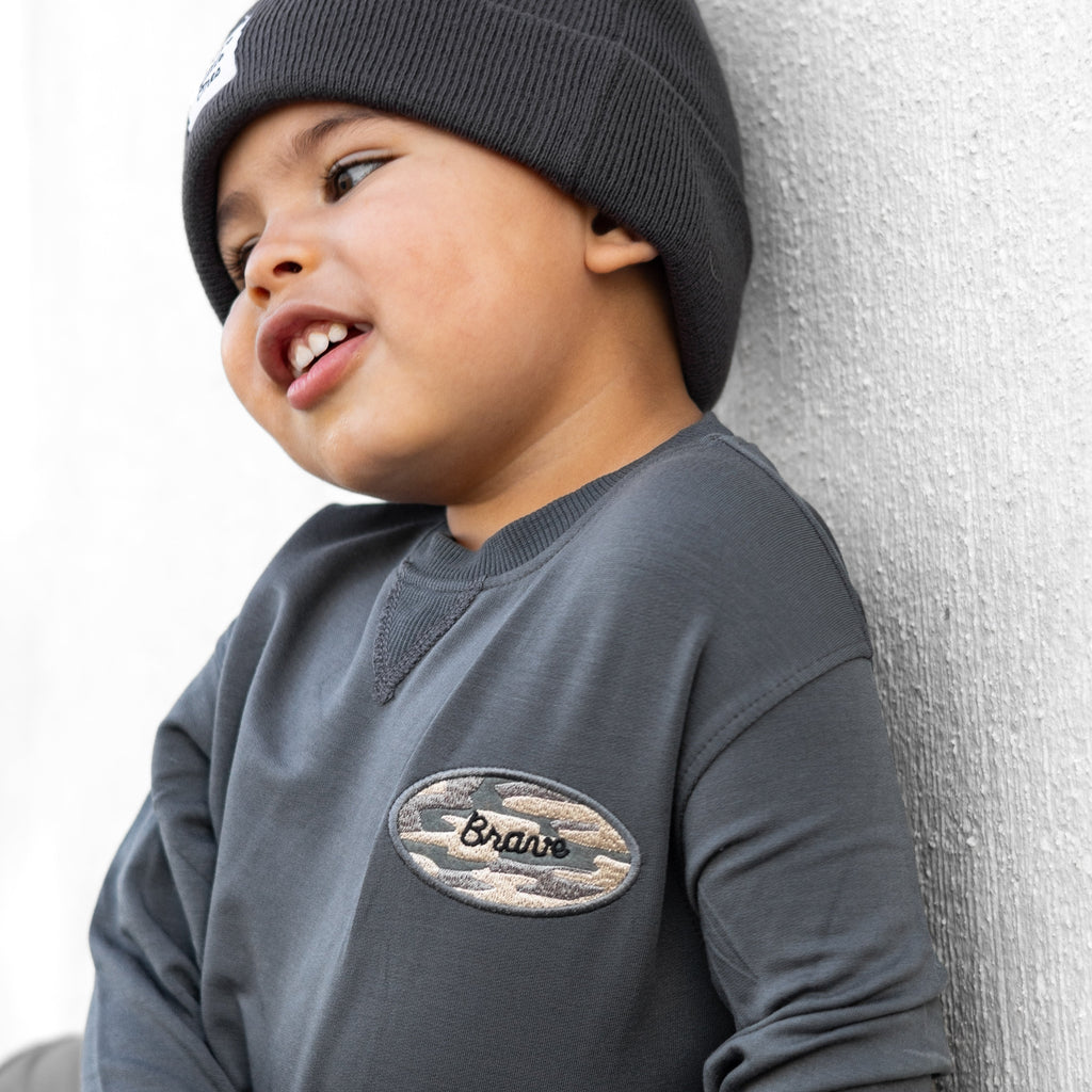 Midnight Charcoal With Camo Patch Bamboo French Terry Pullover