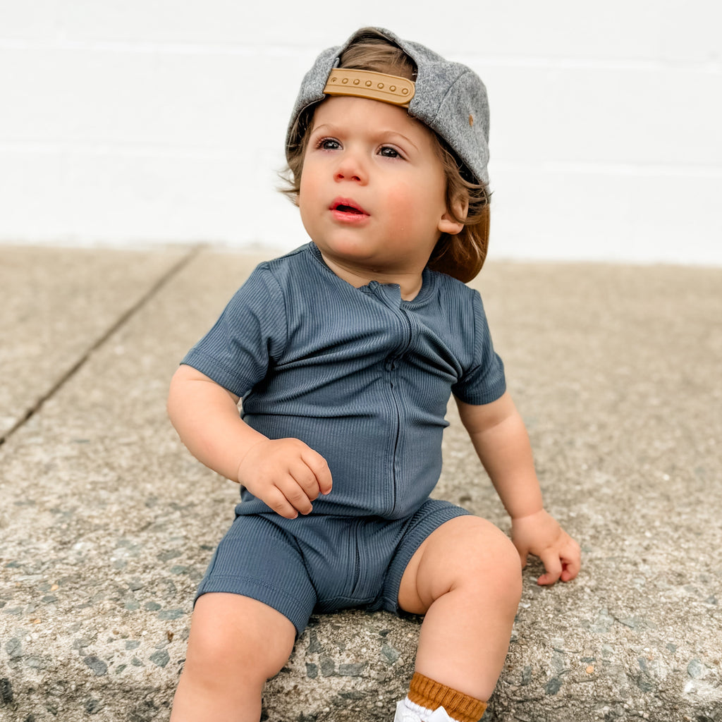 Dark Steel Blue Small Ribbed Summer Zip Romper