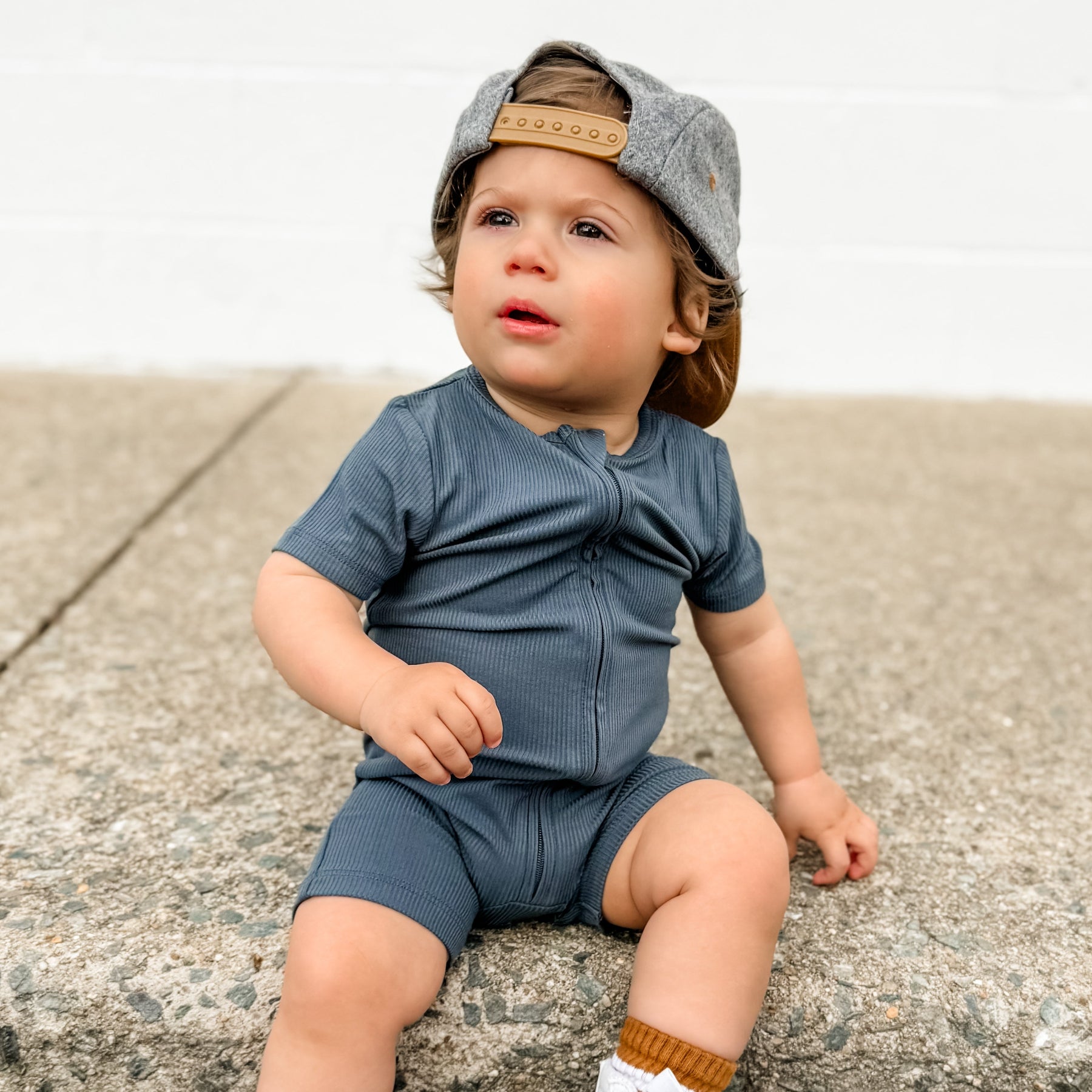 Dark Steel Blue Small Ribbed Summer Zip Romper