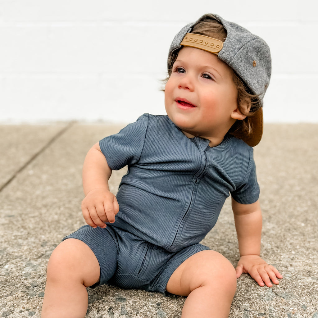 Dark Steel Blue Small Ribbed Summer Zip Romper