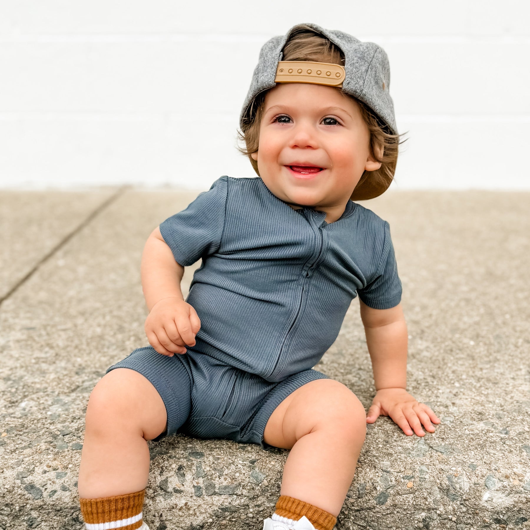 Dark Steel Blue Small Ribbed Summer Zip Romper