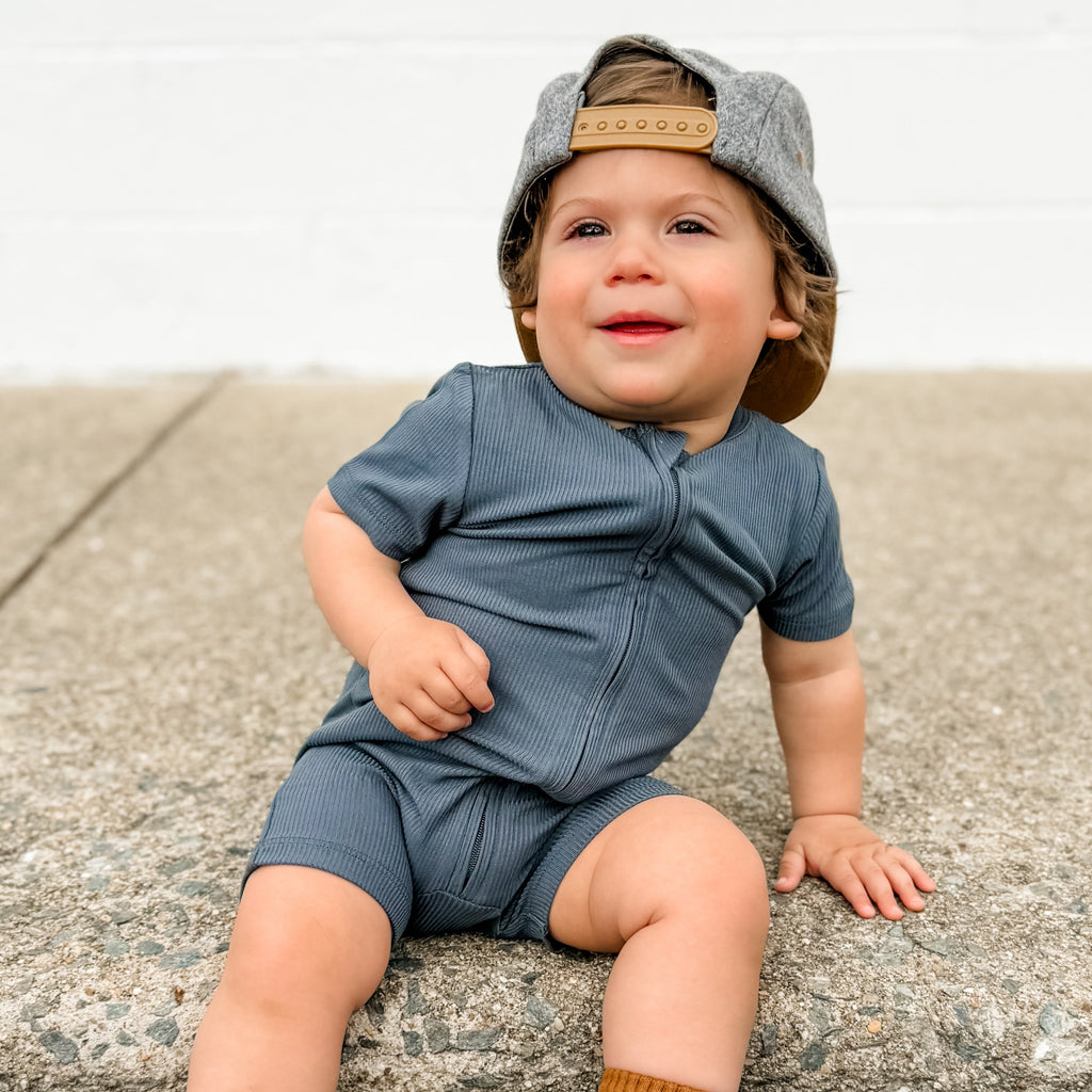 Dark Steel Blue Small Ribbed Summer Zip Romper