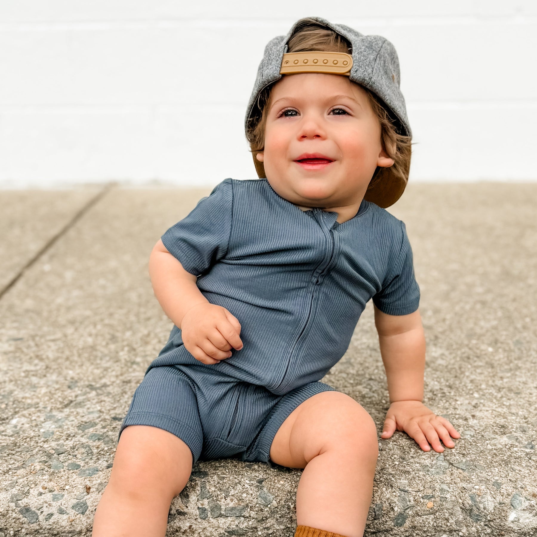 Dark Steel Blue Small Ribbed Summer Zip Romper