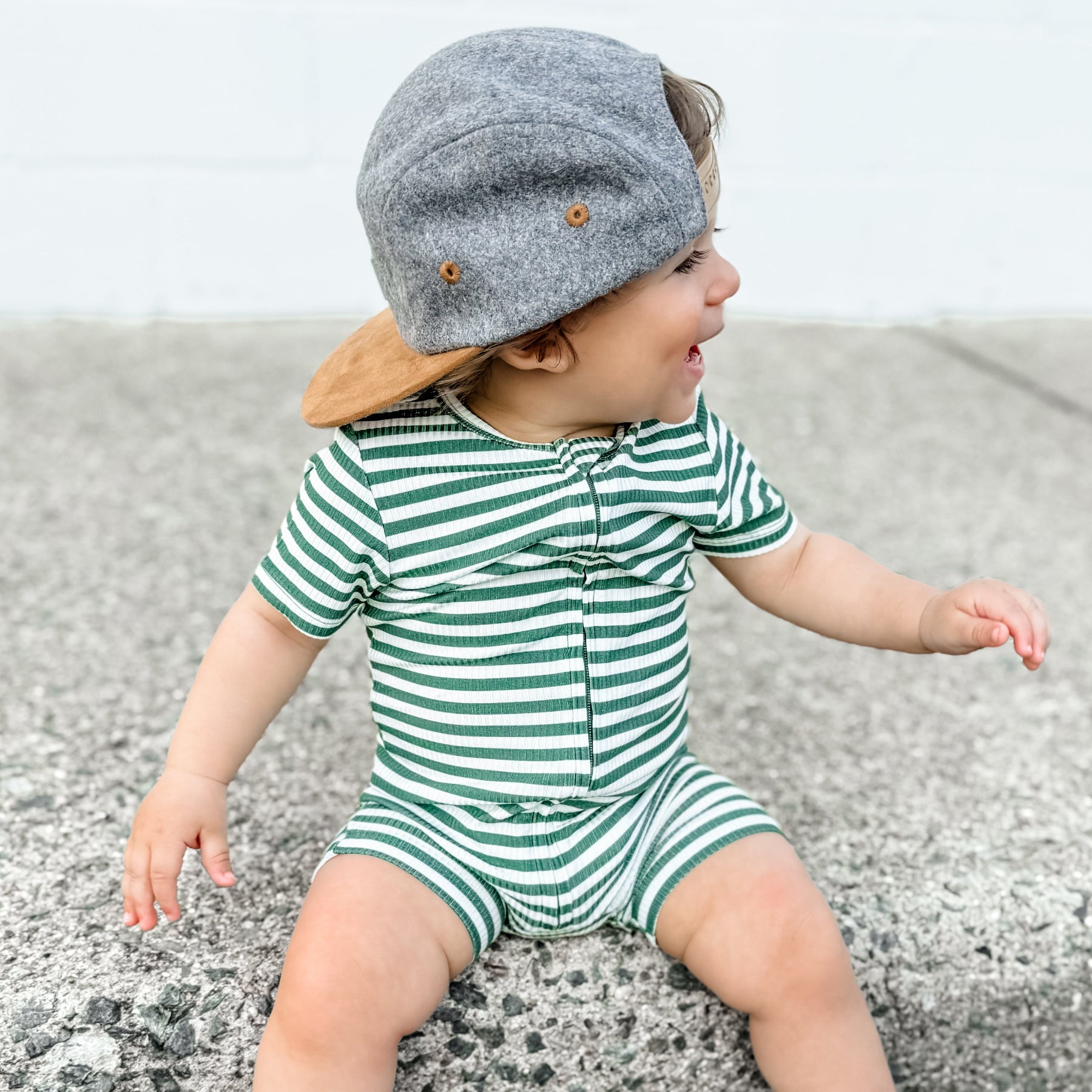 Eucalyptus Green Stripe Small Ribbed Summer Zip Romper