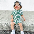 Eucalyptus Green Stripe Small Ribbed Summer Zip Romper