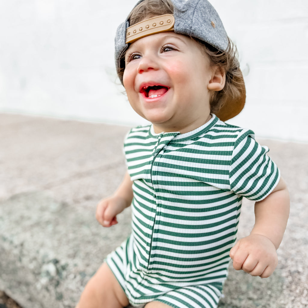 Eucalyptus Green Stripe Small Ribbed Summer Zip Romper