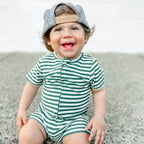 Eucalyptus Green Stripe Small Ribbed Summer Zip Romper