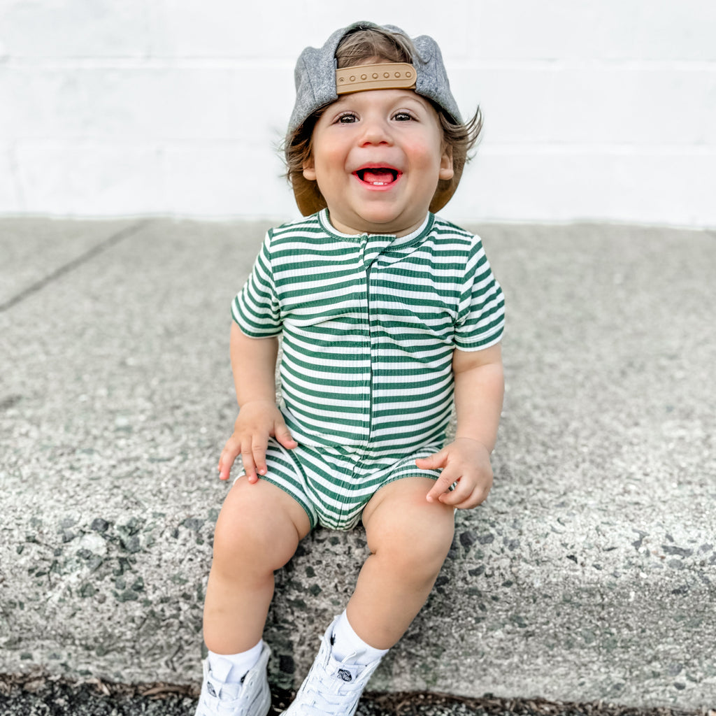 Eucalyptus Green Stripe Small Ribbed Summer Zip Romper