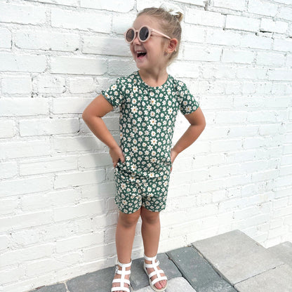 Green Floral Ribbed Shorts Two-Piece Set