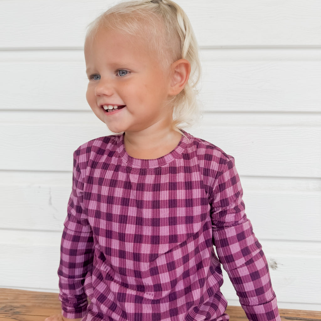 Plum Gingham Small Ribbed Two-Piece Set