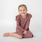 Plum Small Ribbed Ruffle Long Sleeve Dress