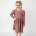 Plum Small Ribbed Ruffle Long Sleeve Dress