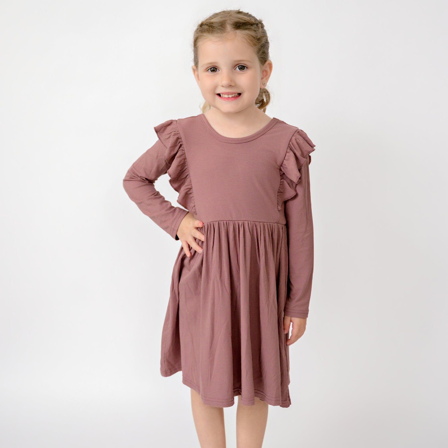 Plum Small Ribbed Ruffle Long Sleeve Dress