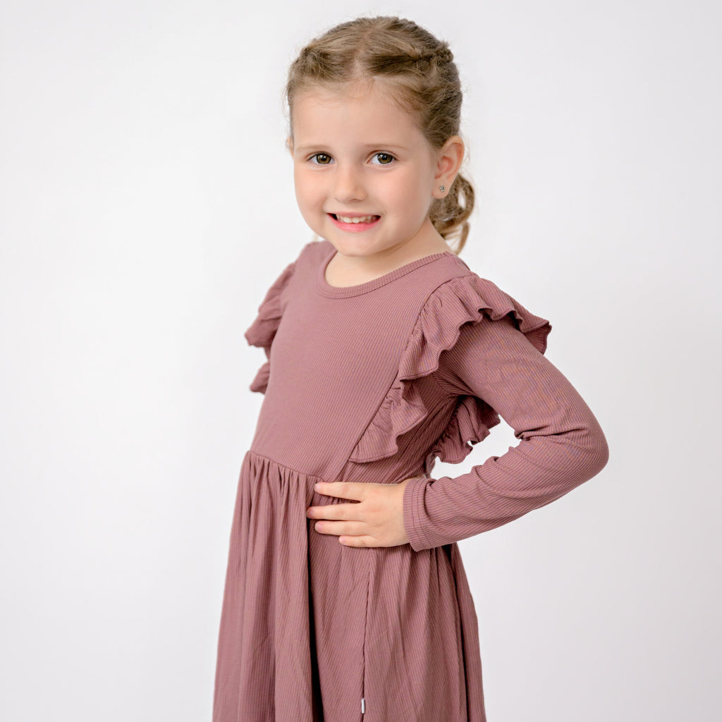 Plum Small Ribbed Ruffle Long Sleeve Dress