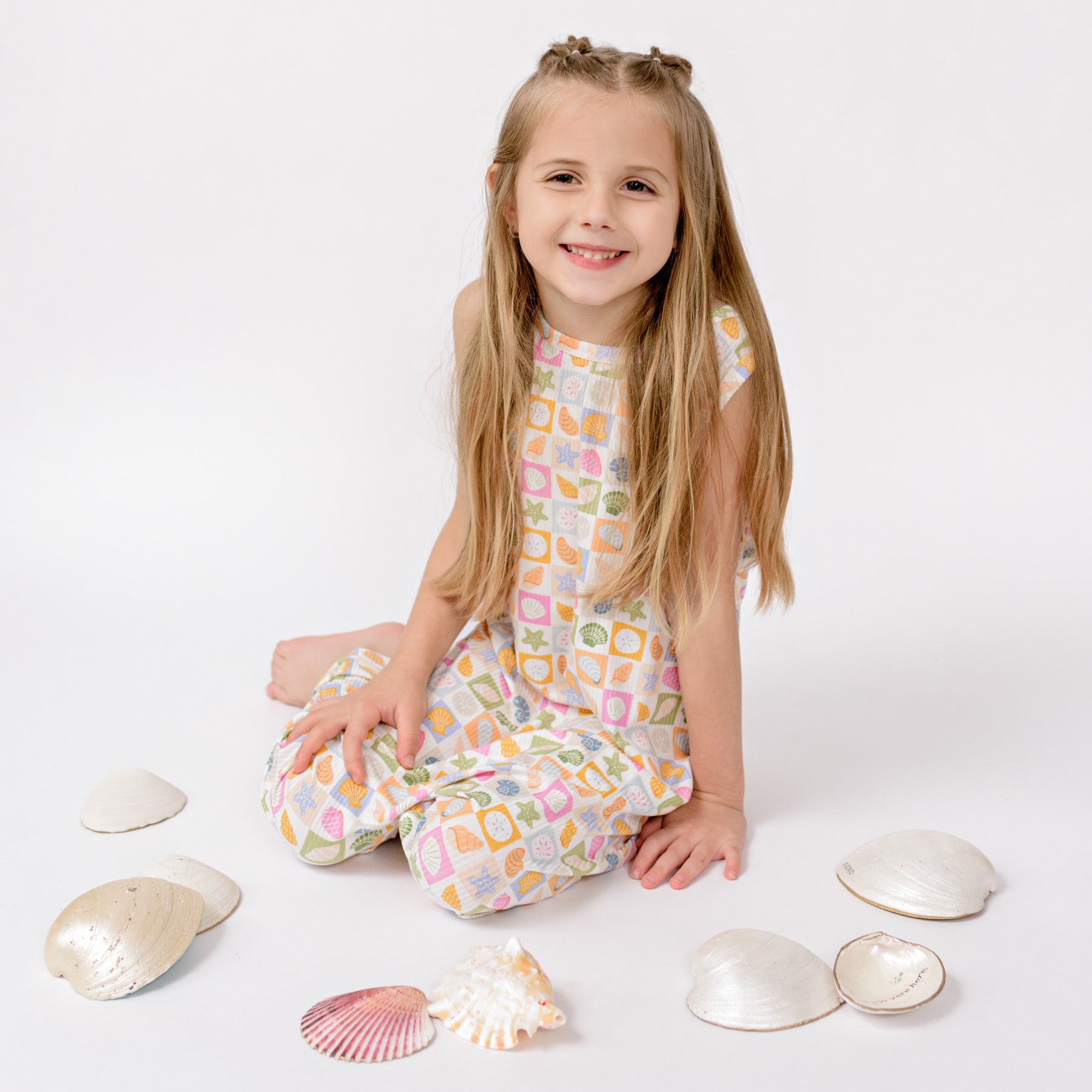 Checkered Seashells Small Ribbed Harem Romper