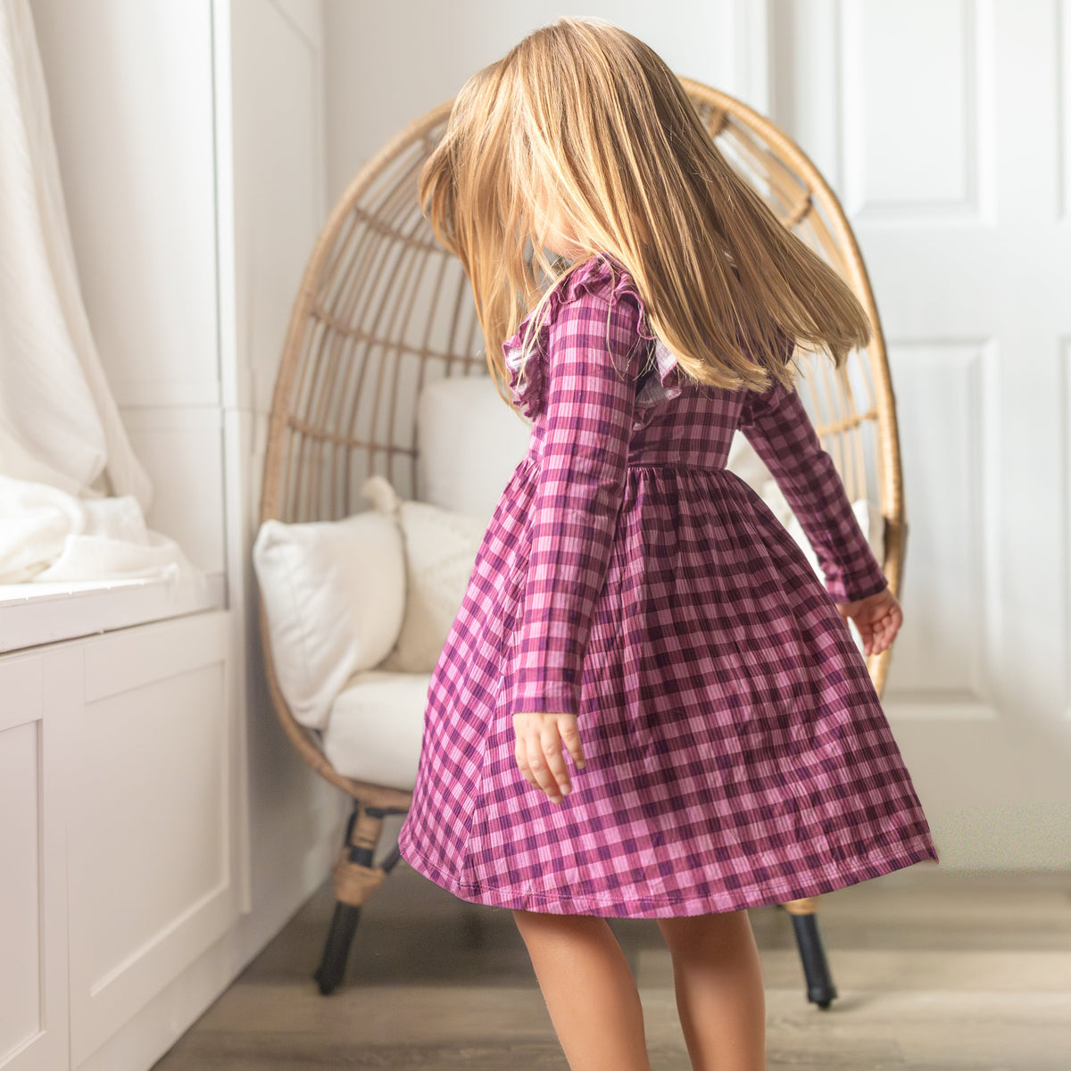 Plum Gingham Small Ribbed Ruffle Long Sleeve Dress