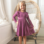 Plum Gingham Small Ribbed Ruffle Long Sleeve Dress