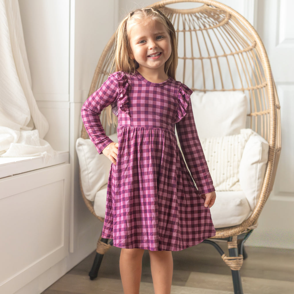 Plum Gingham Small Ribbed Ruffle Long Sleeve Dress