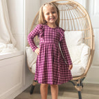 Plum Gingham Small Ribbed Ruffle Long Sleeve Dress