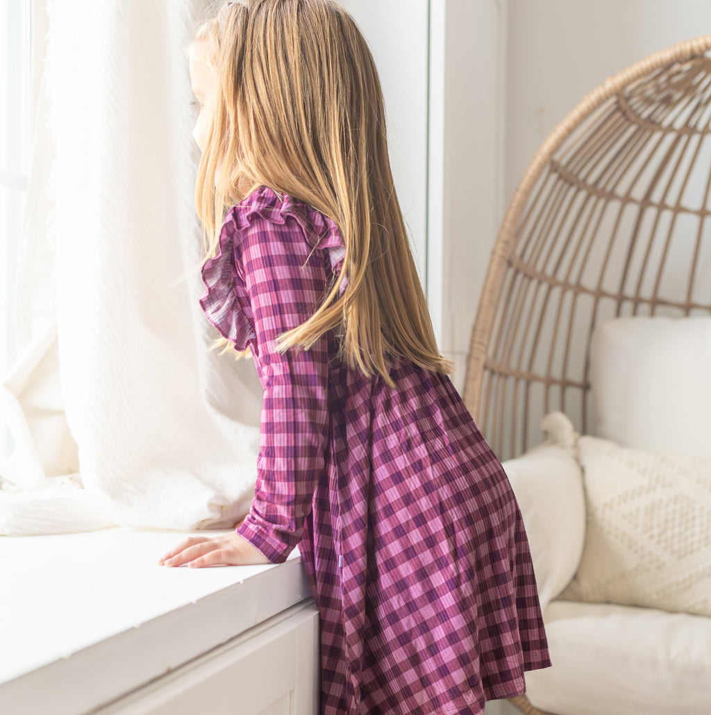 Plum Gingham Small Ribbed Ruffle Long Sleeve Dress