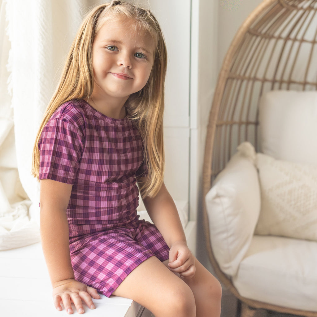Plum Gingham Small Ribbed Shorts Two-Piece Set