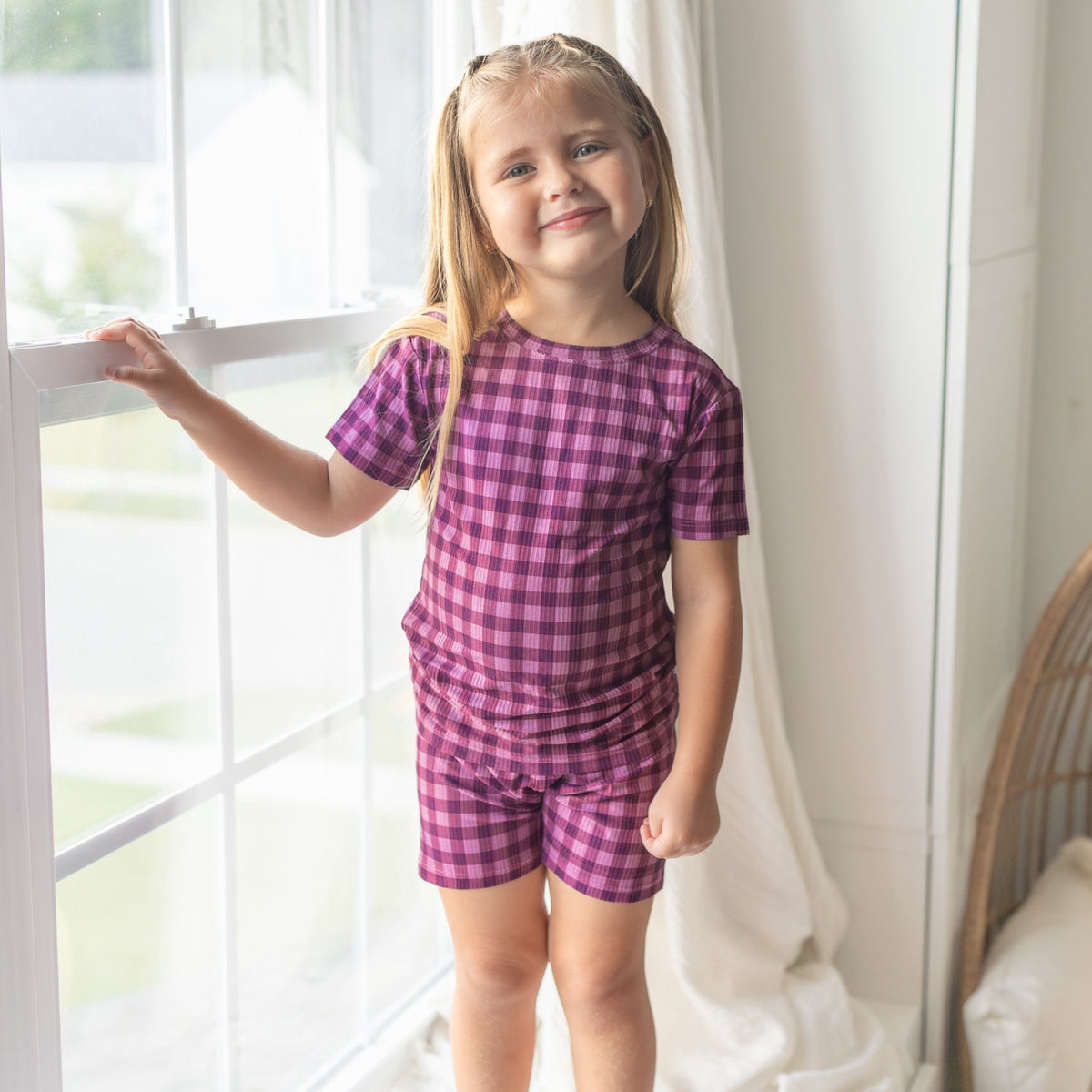 Plum Gingham Small Ribbed Shorts Two-Piece Set