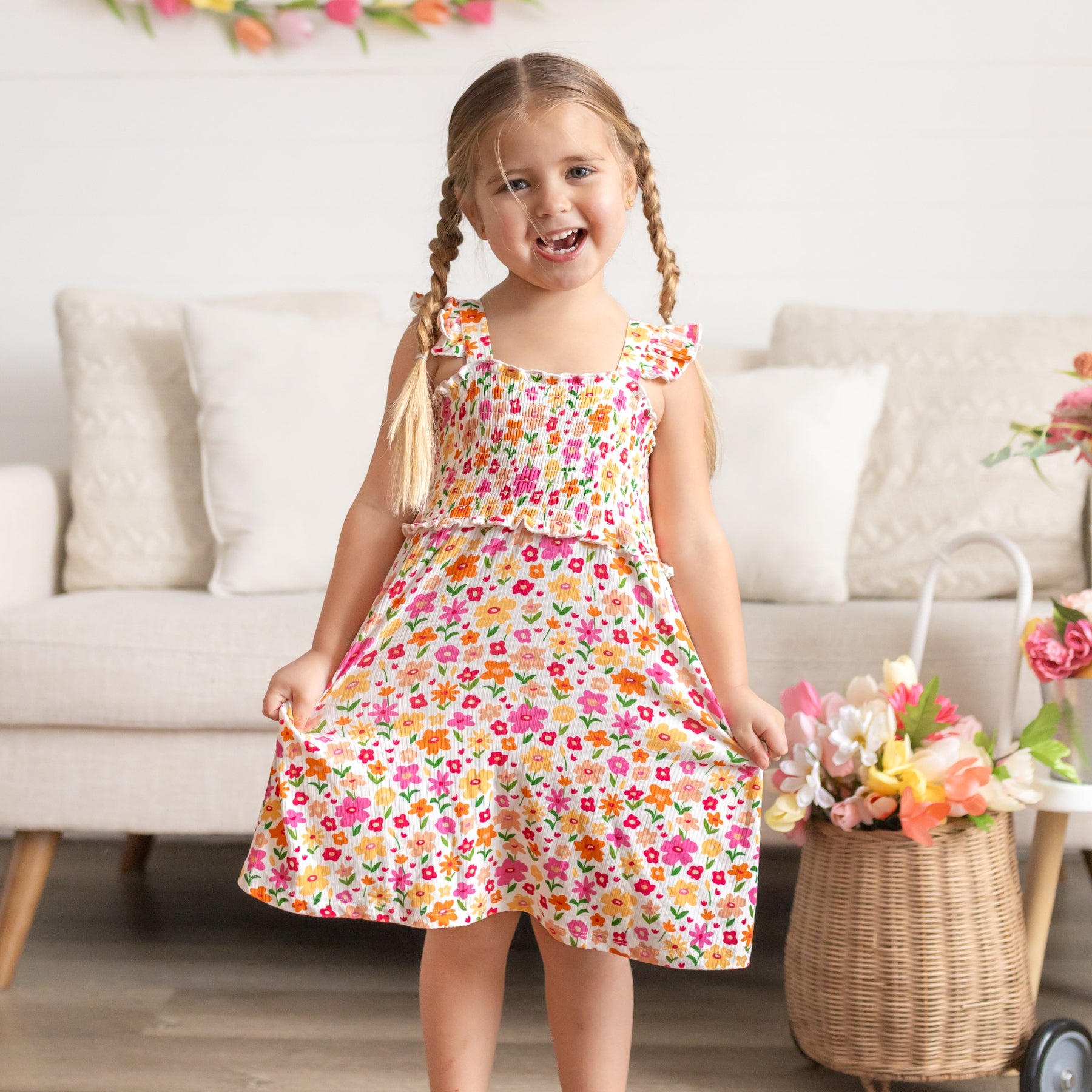 Summer Blooms Small Ribbed Flutter Sleeve Dress