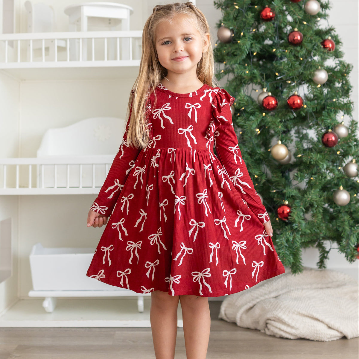 Coquette Bows Red Small Ribbed Ruffle Long Sleeve Dress