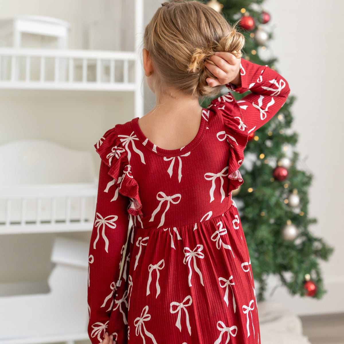 Coquette Bows Red Small Ribbed Ruffle Long Sleeve Dress