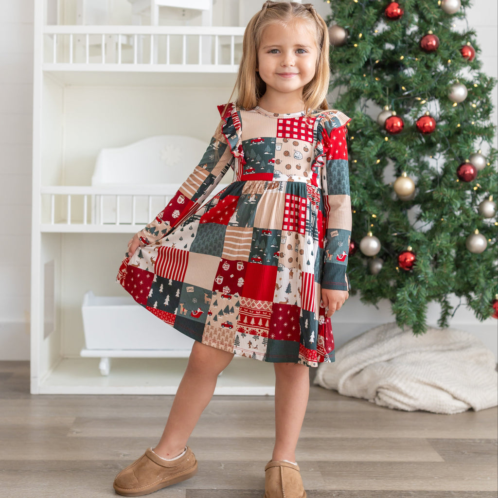 Patchwork Small Ribbed Ruffle Long Sleeve Dress