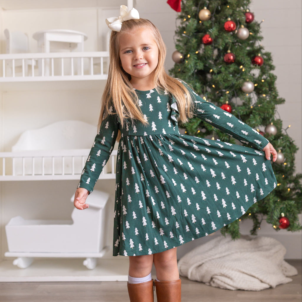 Christmas Trees Small Ribbed Ruffle Long Sleeve Dress
