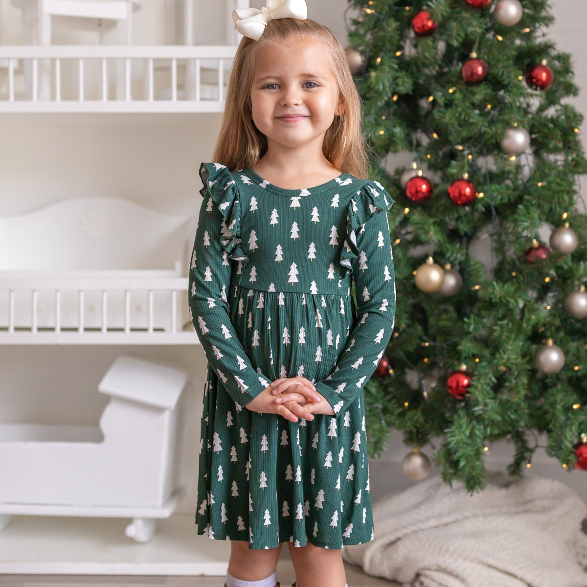 Christmas Trees Small Ribbed Ruffle Long Sleeve Dress