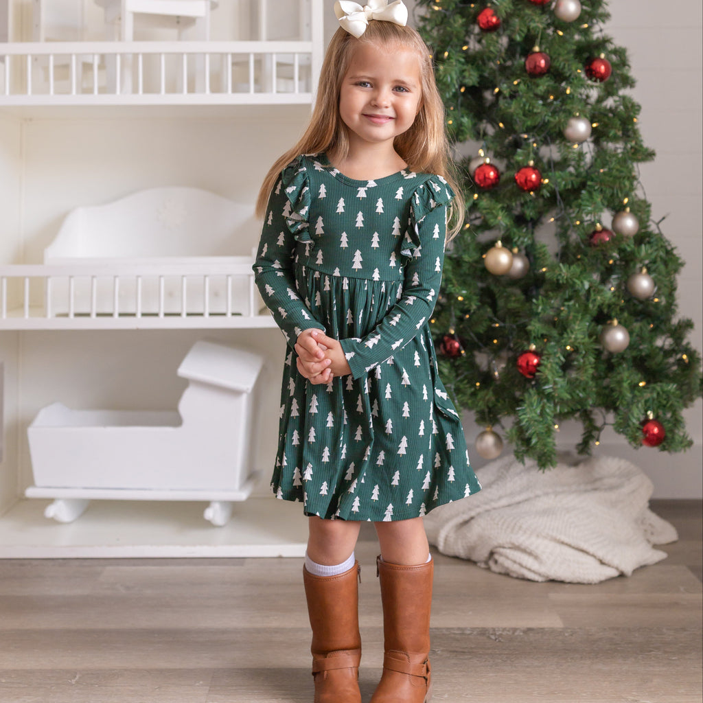 Christmas Trees Small Ribbed Ruffle Long Sleeve Dress
