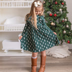 Christmas Trees Small Ribbed Ruffle Long Sleeve Dress