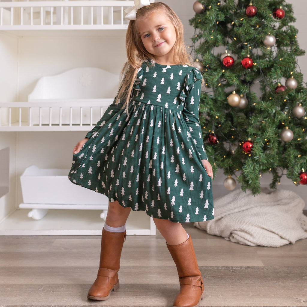 Christmas Trees Small Ribbed Ruffle Long Sleeve Dress